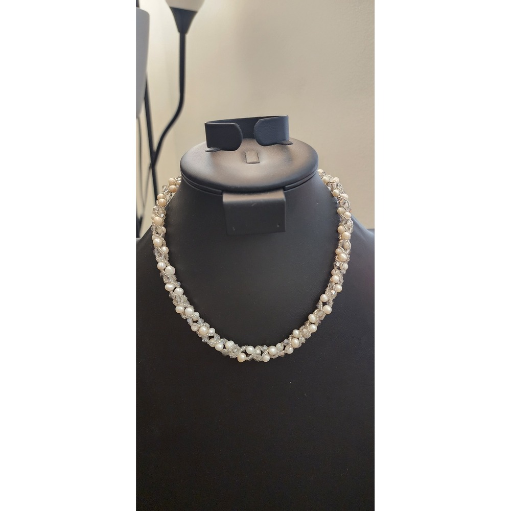 Braided Pearl and Crystal Choker Necklace Magnetic Clasp Bridal Wedding Cream